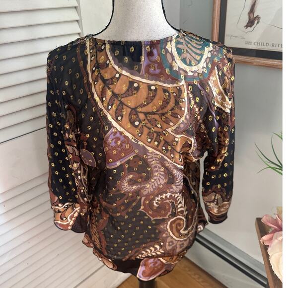 HALE BOB Womens Tunic Brown Chiffon Beaded Metallic Bohemian Artsy Festival | S - Picture 5 of 11